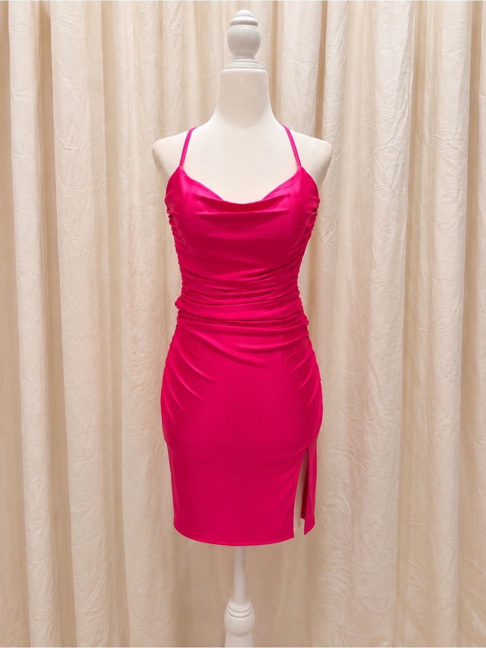 La Femme Bright Fuchsia Cowl Neck Ruched Mini Dress